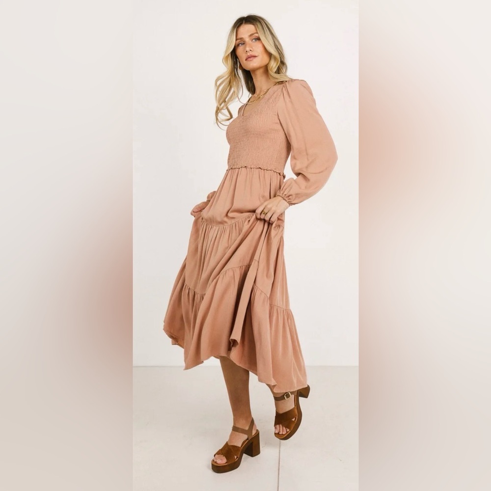 BOHME Smocked Tiered Midi Dress in Mauve Pink Size Medium